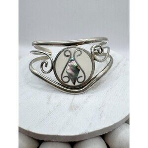 Vintage Alpaca Mexico Abalone Inlay Shell Cuff Bracelet Bohemian Chunky